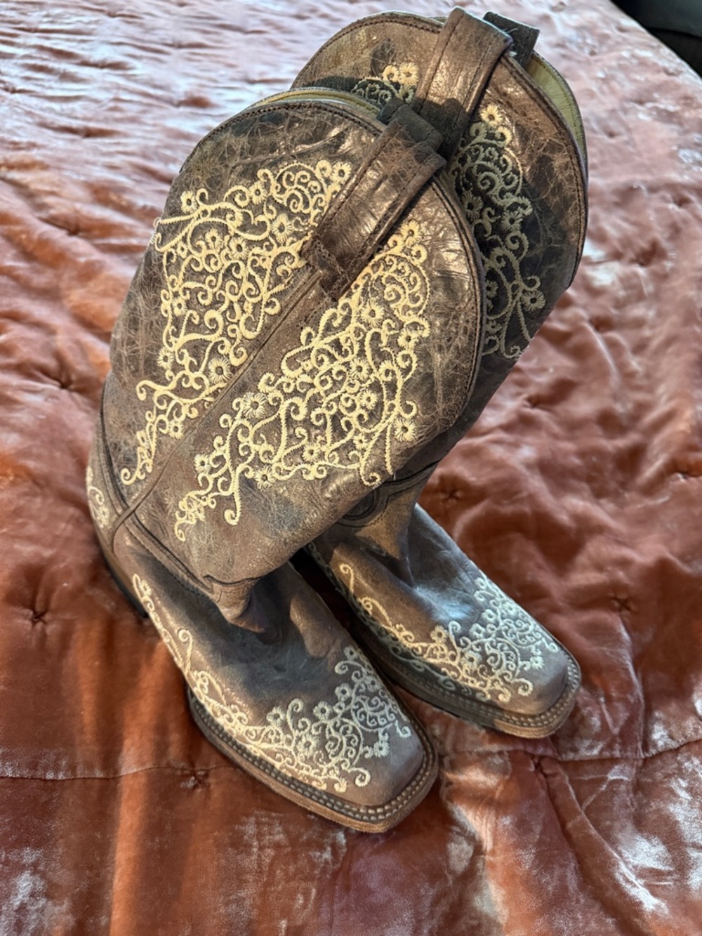 Embroidered Brown Leather Cowgirl Boots with Cream Scrollwork
